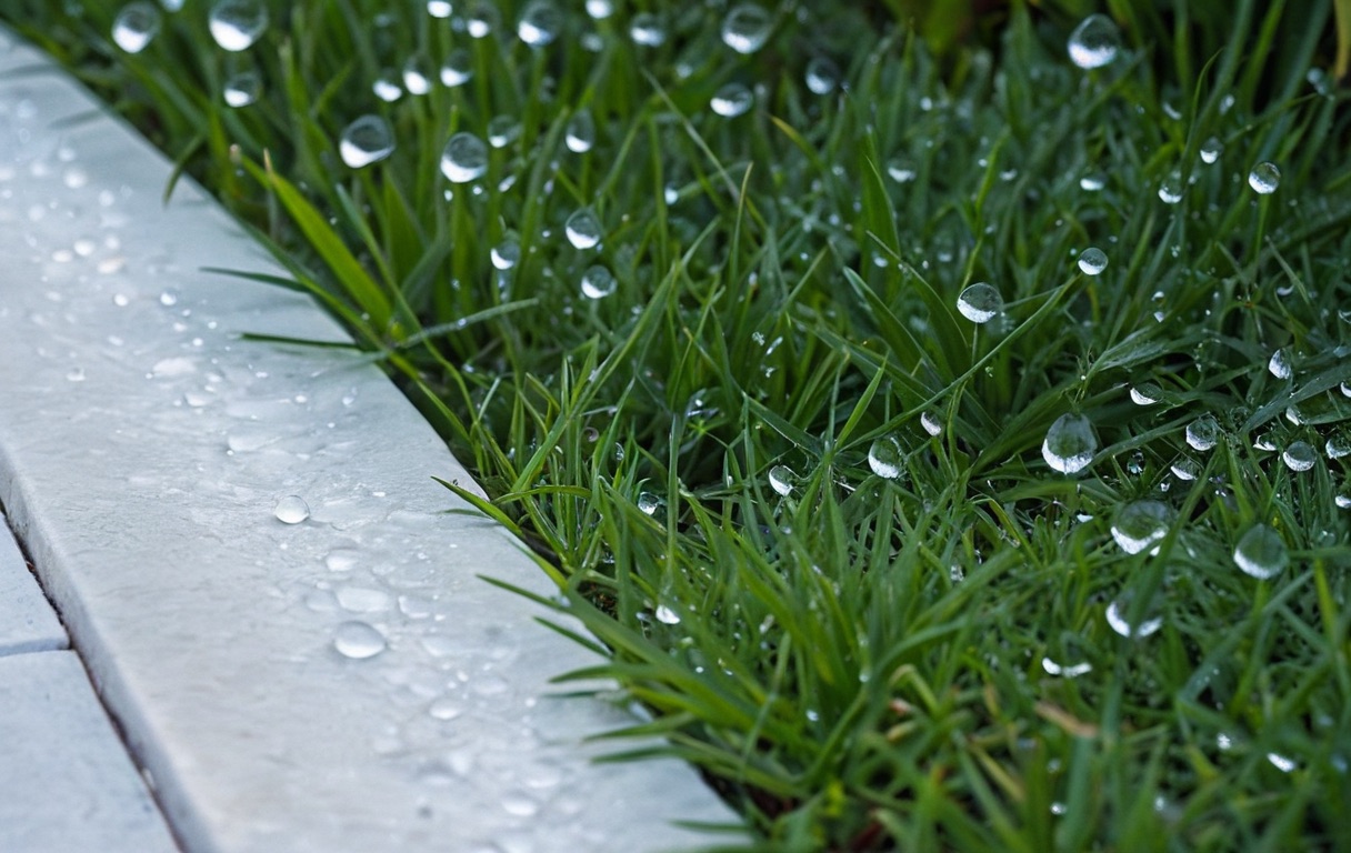 AI-generated close-up of dew-covered grass and crisp stone edging