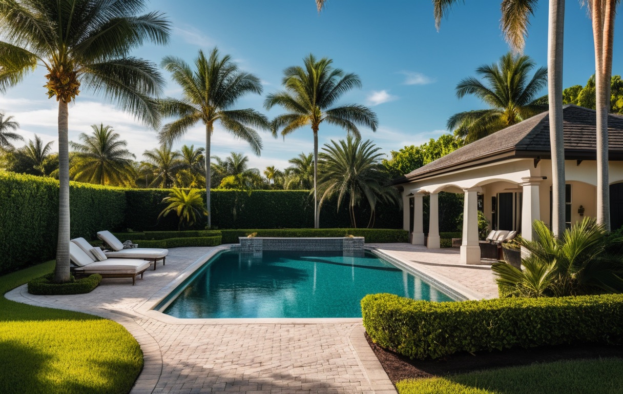 AI-generated resort-style backyard lawn with pool, palms, and manicured hedges